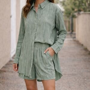 Pleated Matching Set Blouse & Shorts Sage Green | Size S | Longline Top | New